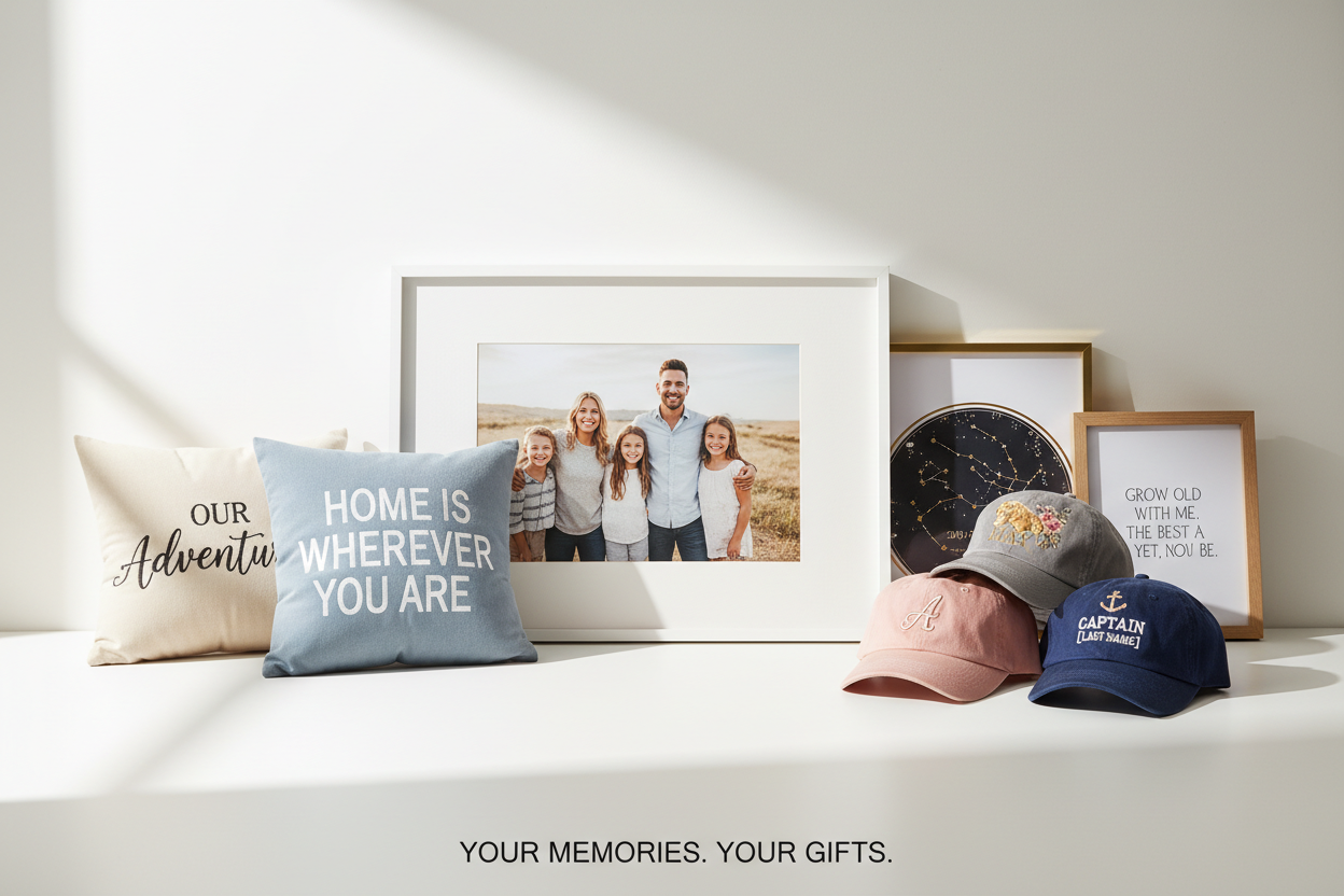 es una tienda de regalos personalizados con fotos, gorras con frases y cojines y cuadros
